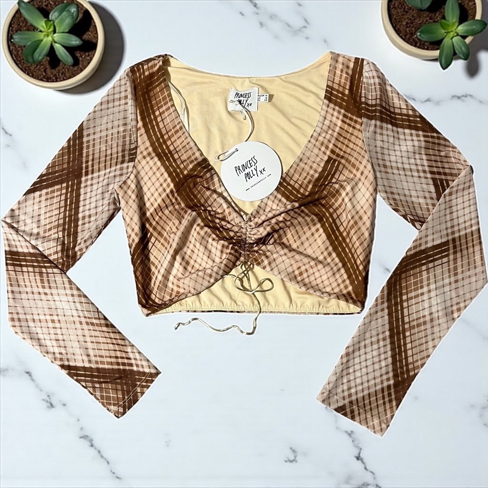 Princess Polly‎ Brown Plaid Long Sleeve Ruched Crop Top Size US 10 EU 42